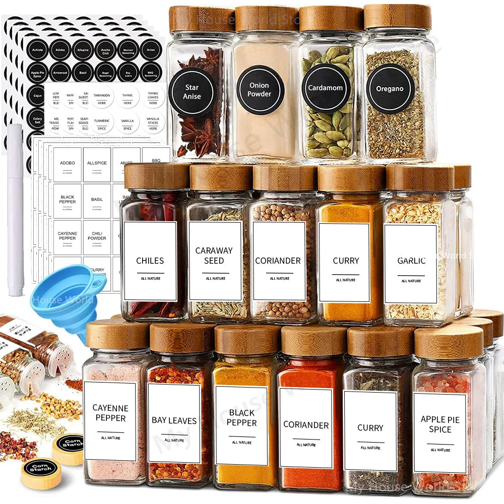 "Glass Spice Jar Set – 13Pcs 4oz Jars with Bamboo Lids for Seasoning Organization"