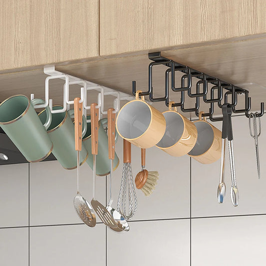 "Double-Row Kitchen Hook Rack – Punch-Free Iron Mug Hanger for Shelf & Cabinet"