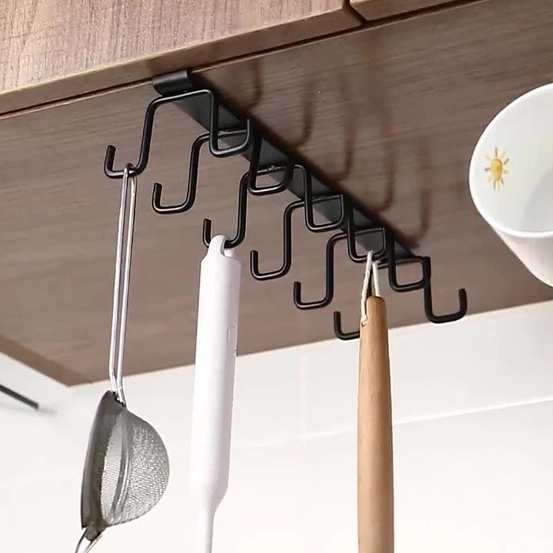 "Double-Row Kitchen Hook Rack – Punch-Free Iron Mug Hanger for Shelf & Cabinet"