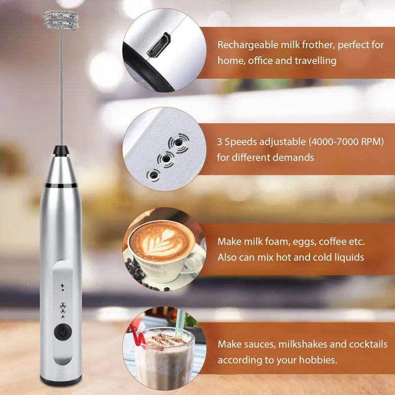 "Wireless Electric Milk Frother – USB Rechargeable Handheld Blender"