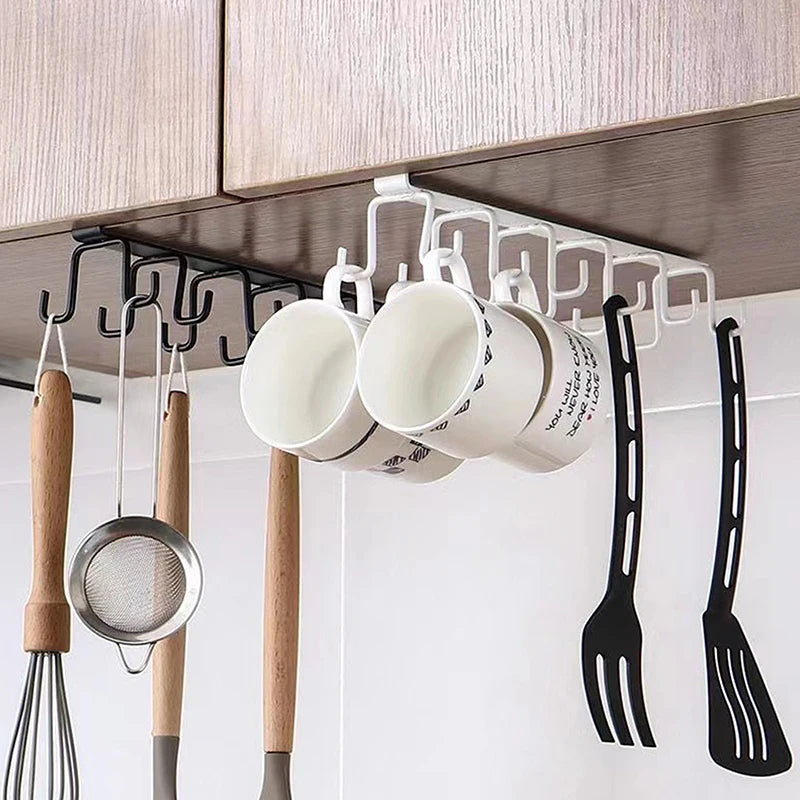 "Double-Row Kitchen Hook Rack – Punch-Free Iron Mug Hanger for Shelf & Cabinet"