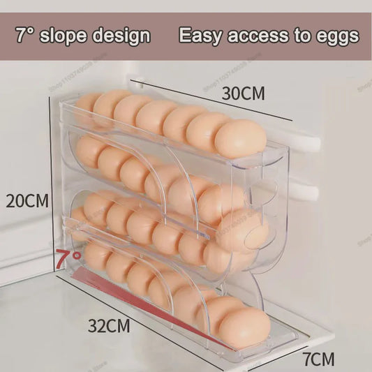 "3-Layer Egg Storage Box – Automatic Rolling System for 30 Eggs, Refrigerator Organizer"e