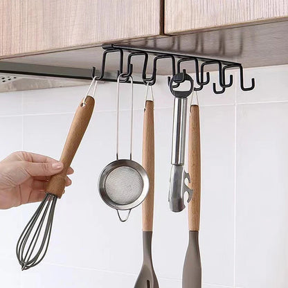 "Double-Row Kitchen Hook Rack – Punch-Free Iron Mug Hanger for Shelf & Cabinet"