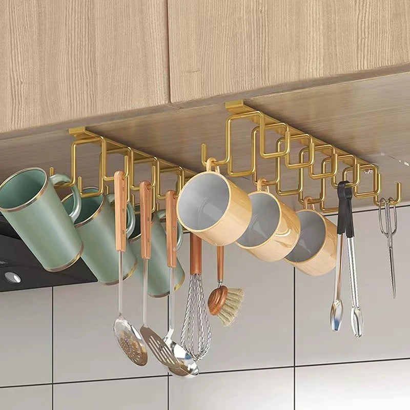 "Double-Row Kitchen Hook Rack – Punch-Free Iron Mug Hanger for Shelf & Cabinet"